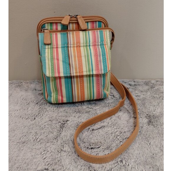 Fossil Handbags - Fossil Multicolor Striped Genuine Leather Crossbody Bag Zip Around Organizer